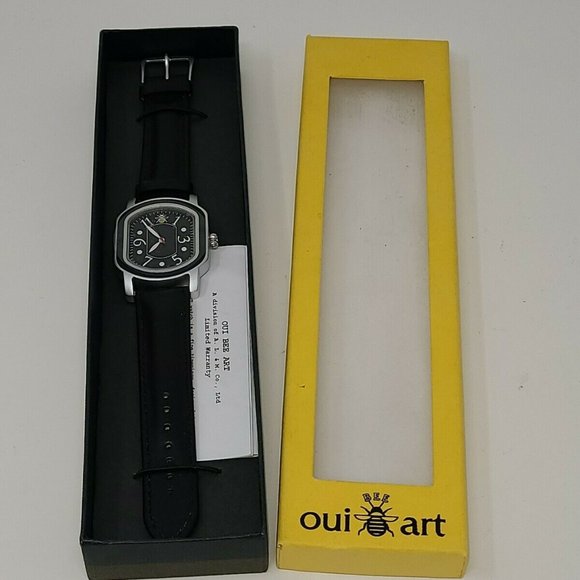 OUI BEE ART Black Wrist Watch Genuine Leather Band - Picture 1 of 1